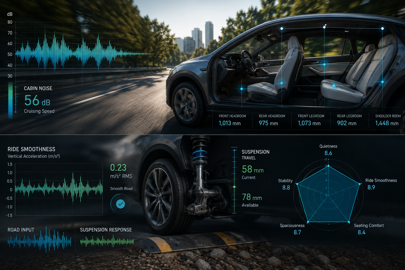driving comfort measurements, noise reduction cars, car space optimization, smoothness performance vehicles, automotive comfort metrics, vehicle noise analysis, spacious cars for comfort, smooth ride technology, car interior noise levels, driving experience enhancements